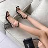 One-word Buckle Sandals King Black Women's Shoes Stiletto 2025 New Summer Rhinestone Letter Square Head High Heels