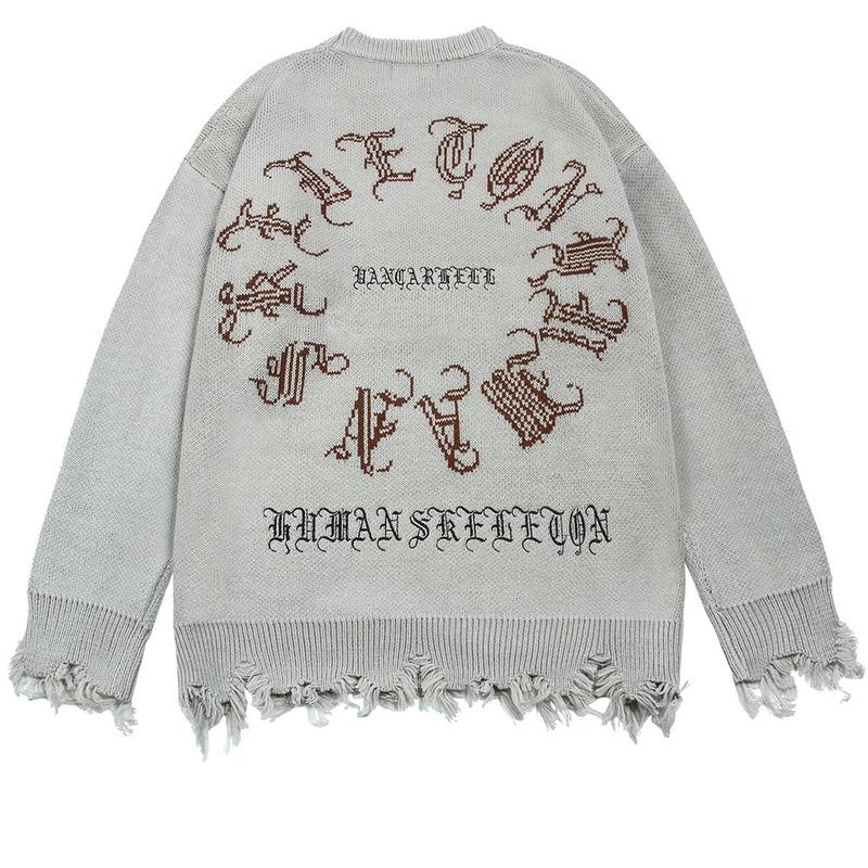 Готический женский рваный свитер с длинными рукавами в стиле хип-хоп, уличная одежда с принтом, панк, японский стиль, зимний женский вязаный свитер большого размера с круглым вырезом в стиле гранж