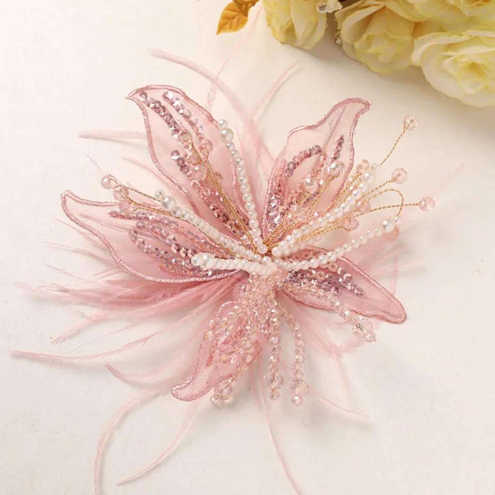Ethereal Feather Pearl 3D Organza Flower Patch Crystal Flower Twisted Wire Studded Patch Handmade Lace Applique Decorative Dress
