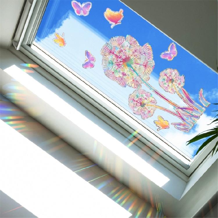 Reflective Rainbow Glass Stickers Colorful Flower Decals Sunlight Dispersing Window Films PVC Clings for Home Decors