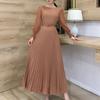 Women Slim Pleated Maxi Dress with Belt Female Streetwear Vintage Dress Tie Front Dress Robe