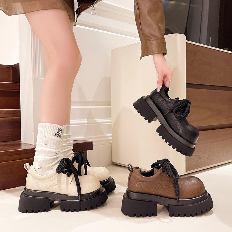 Европейские туфли-лоферы на платформе с завышенной талией, женские, осень 2025 года, новые универсальные, модные, с круглым носком, на шнуровке, ретро, маленькие кожаные туфли