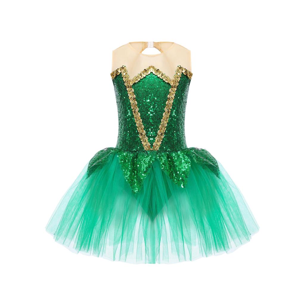Girls Halloween Elf Cosplay Costume Sleeveless Keyhole Back Shiny Sequins Mesh Tutu Dress Bodysuit Jumpsuit