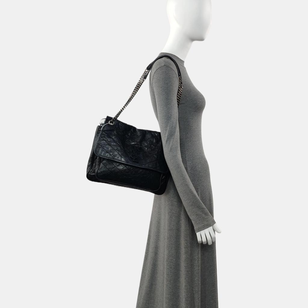 [Pre-Owned] Ysl Niki Silver Chain Black Label Logo Vintage Pleated Leather Crossbody Shoulder Bag - Very Good #1Q3DUDX