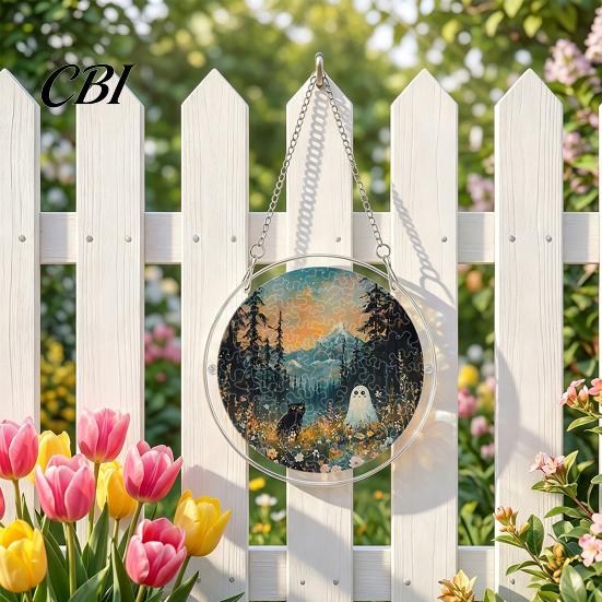 Clear Acrylic Halloween Hanging Suncatcher Jigsaw Puzzle Set, Spooky Ghost Floral Meadow Window Ornament with Metal Lightweight Frame & Chain,