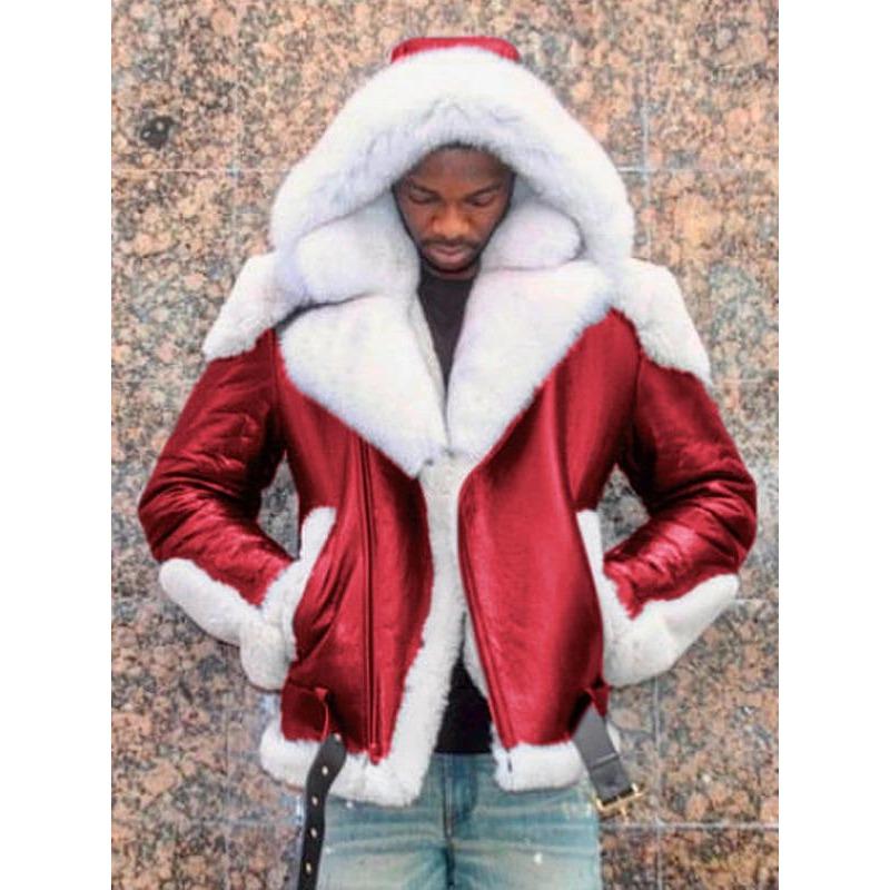 Мужское пальто из искусственной кожи с контрастным белым мехом и капюшоном, цельное пальто