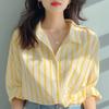 Women Spring and Autumn Yellow and White Vertical Striped Shirt Casual Elegant Long-sleeved Shirt
