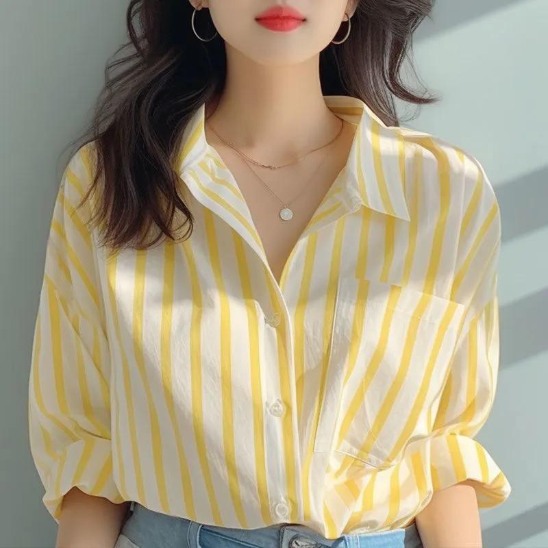 Women Spring and Autumn Yellow and White Vertical Striped Shirt Casual Elegant Long-sleeved Shirt