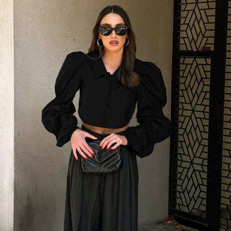 Хлопковая белая блузка с пышными рукавами, женская модная осенняя свободная женская рубашка, однотонные тонкие свободные короткие топы Feamel Одежда Blusas 28681