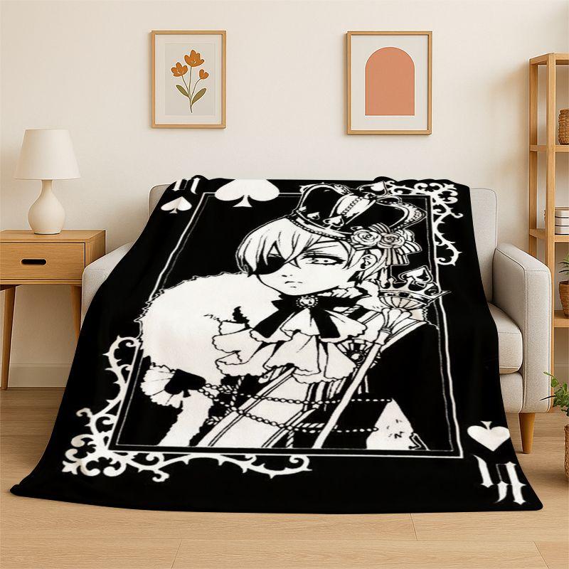 Black Butler Cartoon Anime Flannel Blanket Soft Warm Throw Blanket for Bedroom Living Room Bed Travel Camping Picnic Gift