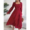 Autumn and Winter Casual Wooden Ear Side Square Collar Polka Dot Swing Long Dress