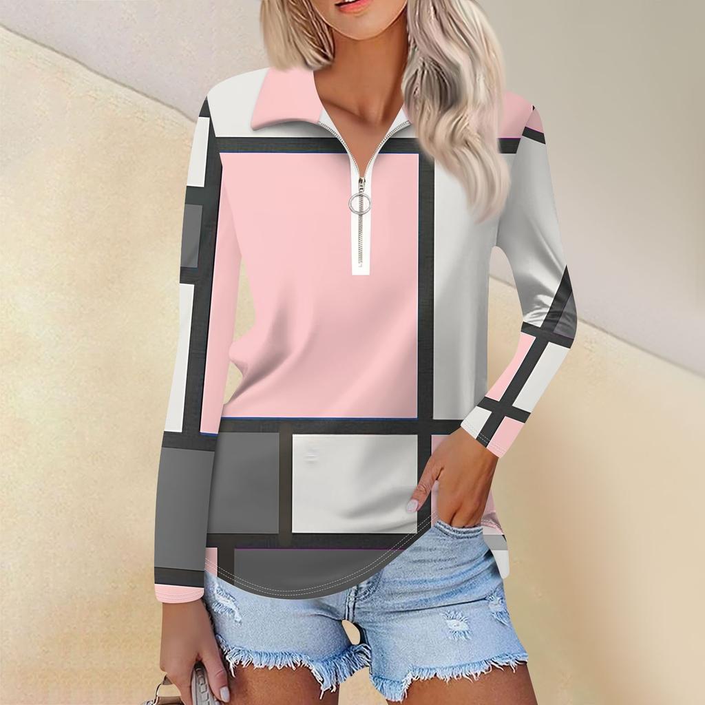 Женская весенняя и модная повседневная рубашка с принтом на молнии с V-образным вырезом и длинным рукавом