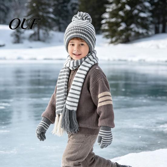 Warm Three Piece Set for Kids 1 Winter Hat Scarf Gloves Kids, Fleece Lined Striped Knit with And Pom Pom, Cozy Toddlers Boys Girls Age 3 to
