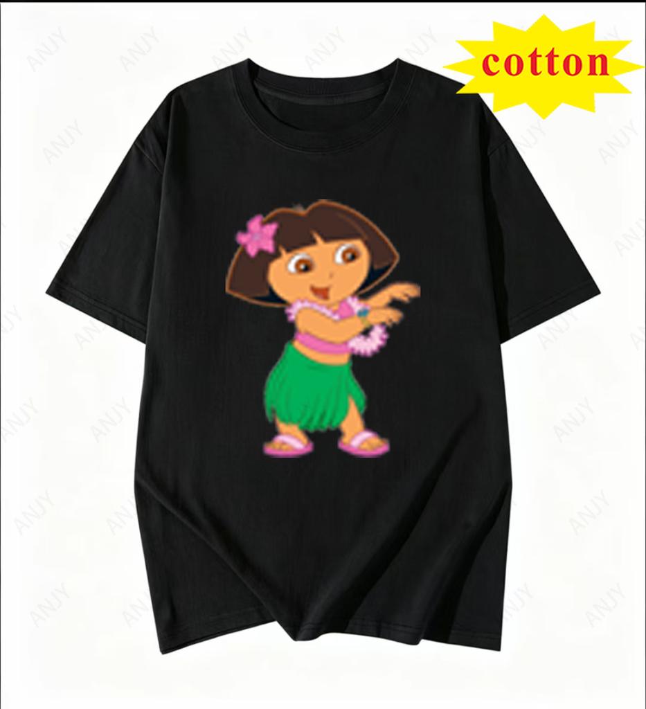 Dora The Explorer Cartoon Print Short Sleeve Loose Fit Pure Cotton Round Neck Tshirt Cute Unisex Top