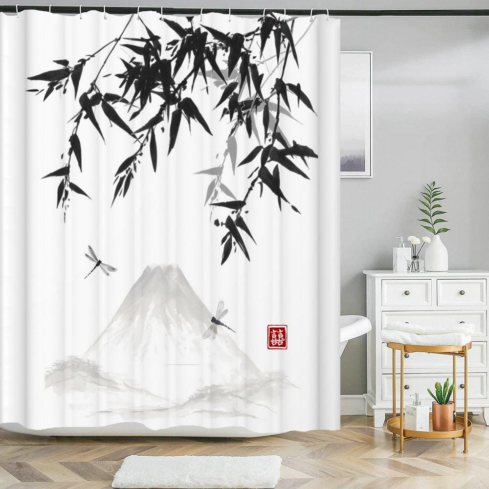 Цветы в японском стиле Слива Шторки для душа Занавеска для ванной Тканевая Водонепроницаемая Полиэстеровая Занавеска для ванной с крючками