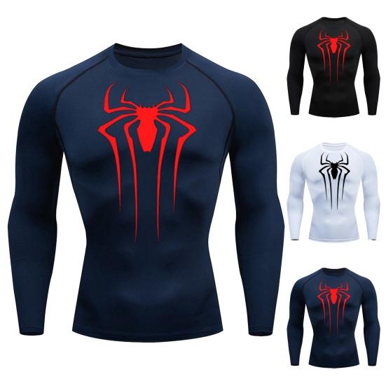 Men Fall Spring Top Skinny Sweat Absorption Elastic Spider Print Long Sleeve Soft Breathable Round Neck Compression Training Workout Exercise