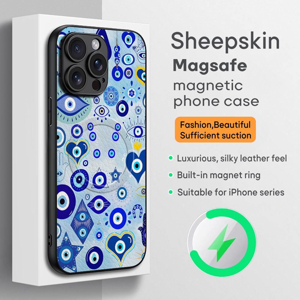 Blue Evil Eye Popular pattern Phone Case For iPhone 17 16 15 14 13 12 11 Plus Pro Max High-end Luxury Magsafe Sheepskin