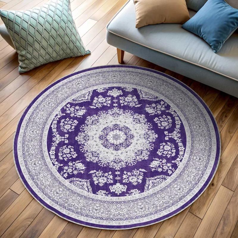 Beige Vintage Distressed Persian Medallion Round Rug Non Slip Washable Mat For Farmhouse Living Room
