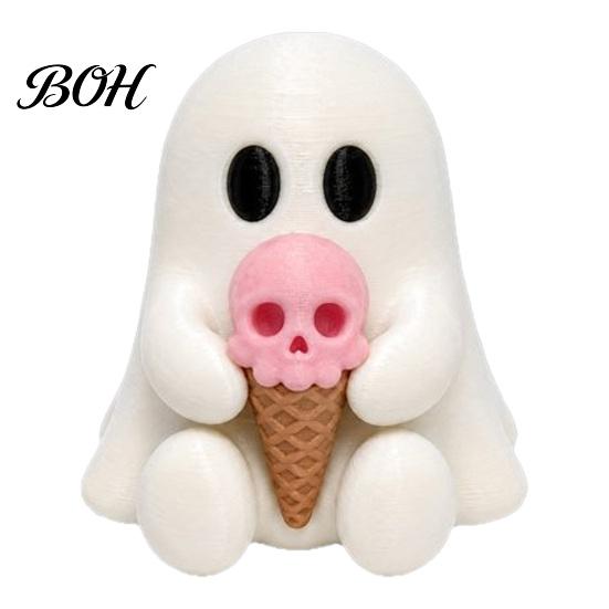 Decorative Skull Crafts Halloween Mini Ghost Figurine, 3D Printed White Statue with Personalized Gifts Pink Ice Cream, Cute Desktop Ornament for Home