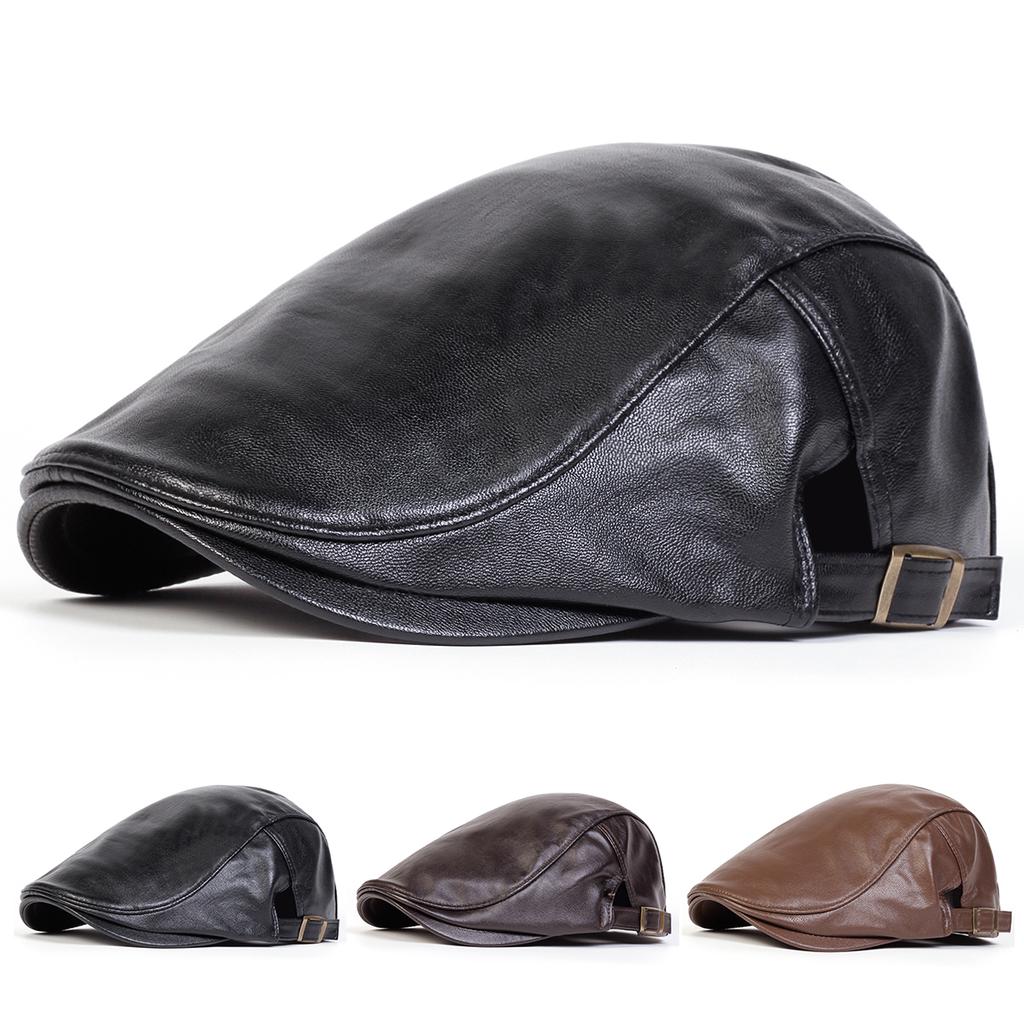 1Piece Men Solid Color Thick Pu Leather Forward Cap Duckbill Cap Outdoor Adjustable Warmth Sunscreen Casual Hat Suitable for Autumn Winter Travel