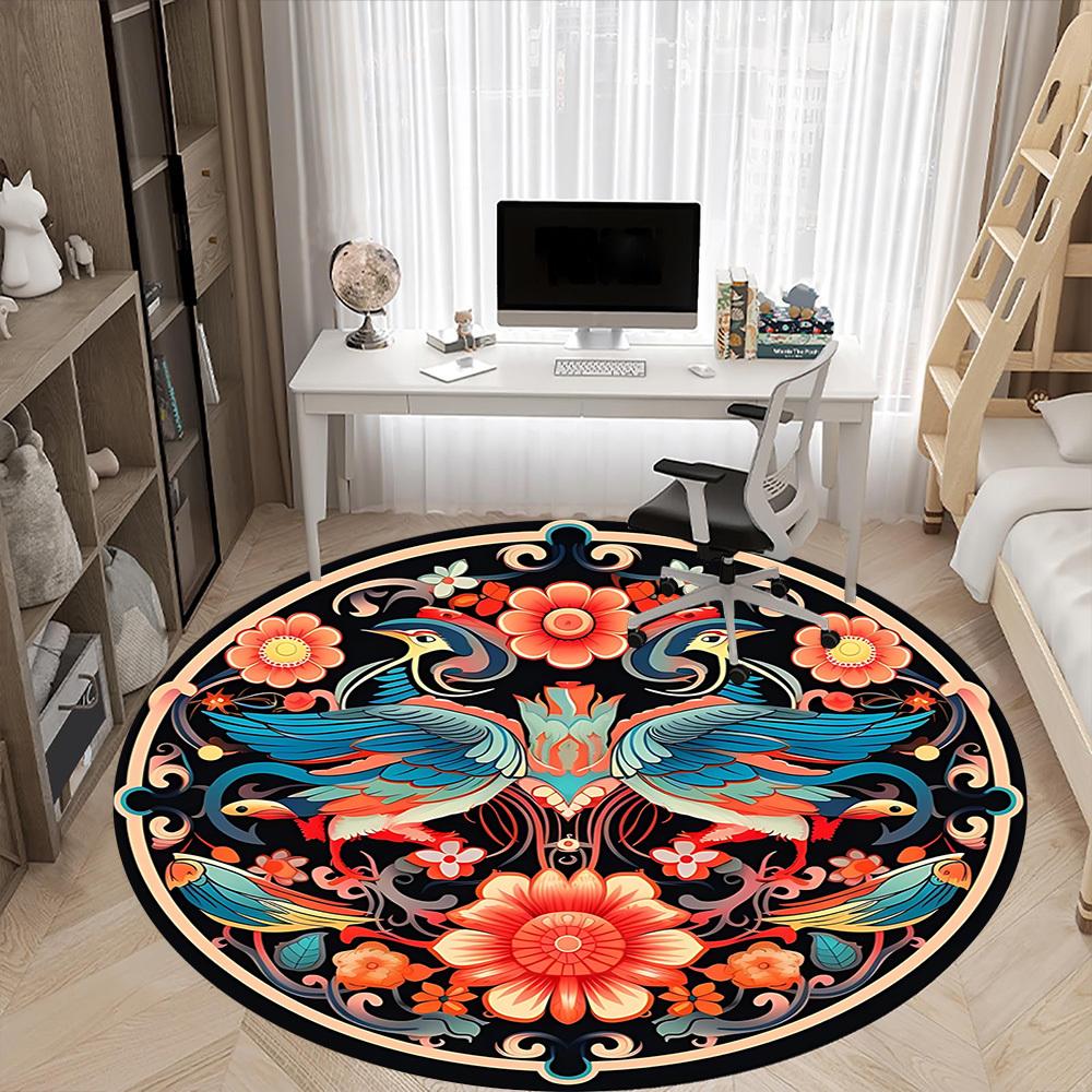 1pc Birds, Flowers Office Round Rug, Non-slip, Soft and Durable Office Rug for Interior Decoration, Perfect for Office,Decoration yy260204047