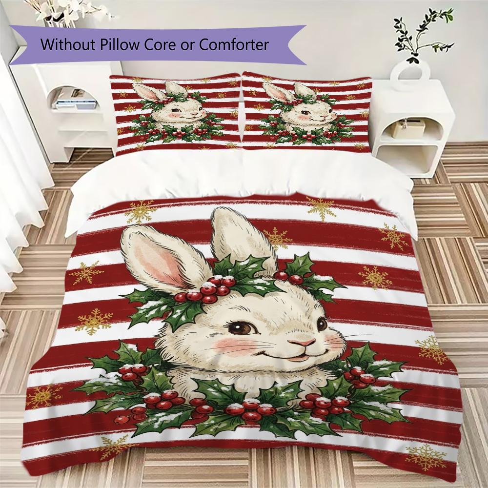 Christmas Bunny Pattern Bedding uilt Set uilt Cover Pillowcase Home Decoration Birthday Gift (1 * duvet cover + 2 * pillowcase without core)_XIA