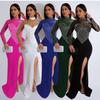 K2986 Women's See-Through Pearl Embellished Waist-Cinching Slit Dress