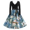 Women's Casual Fashion V-neck Long Sleeved Retro Christmas Print Retro Dress