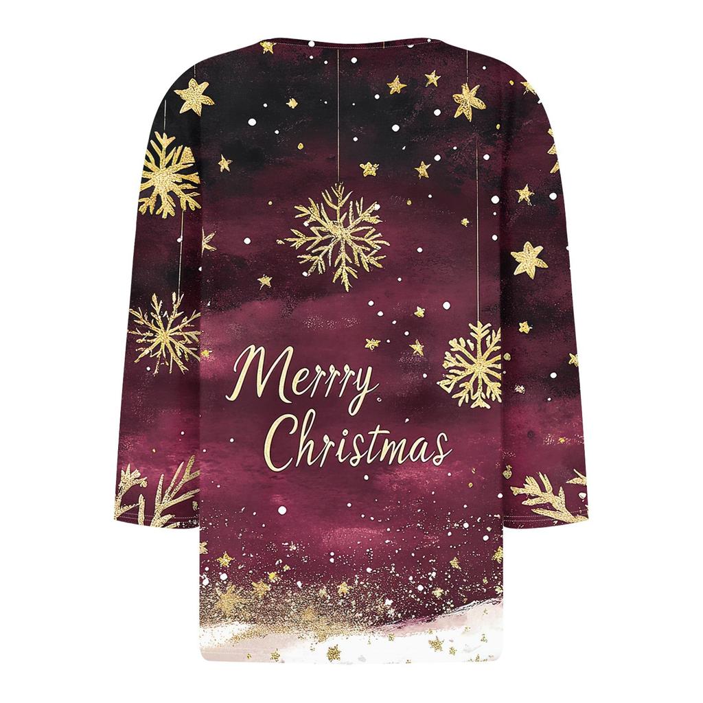 Women's T Shirt Christmas Print Button 3/4 Sleeve Daily Weekend Fashion Basic V- Neck Regular Top