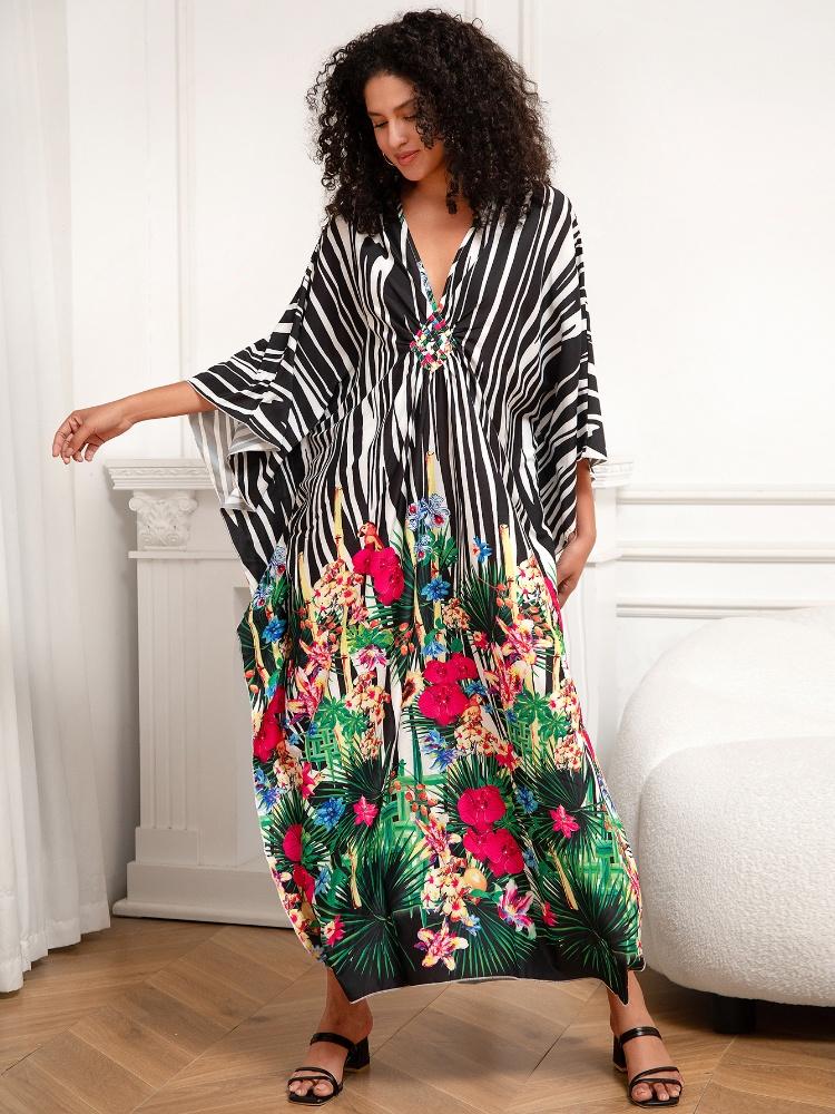 EDOLYNSA Привлекательный полосатый женский халат-кафтан, домашнее платье, уютная легкая куртка, непринужденная домашняя одежда, длинное платье для отпуска и вечеринки Q1289