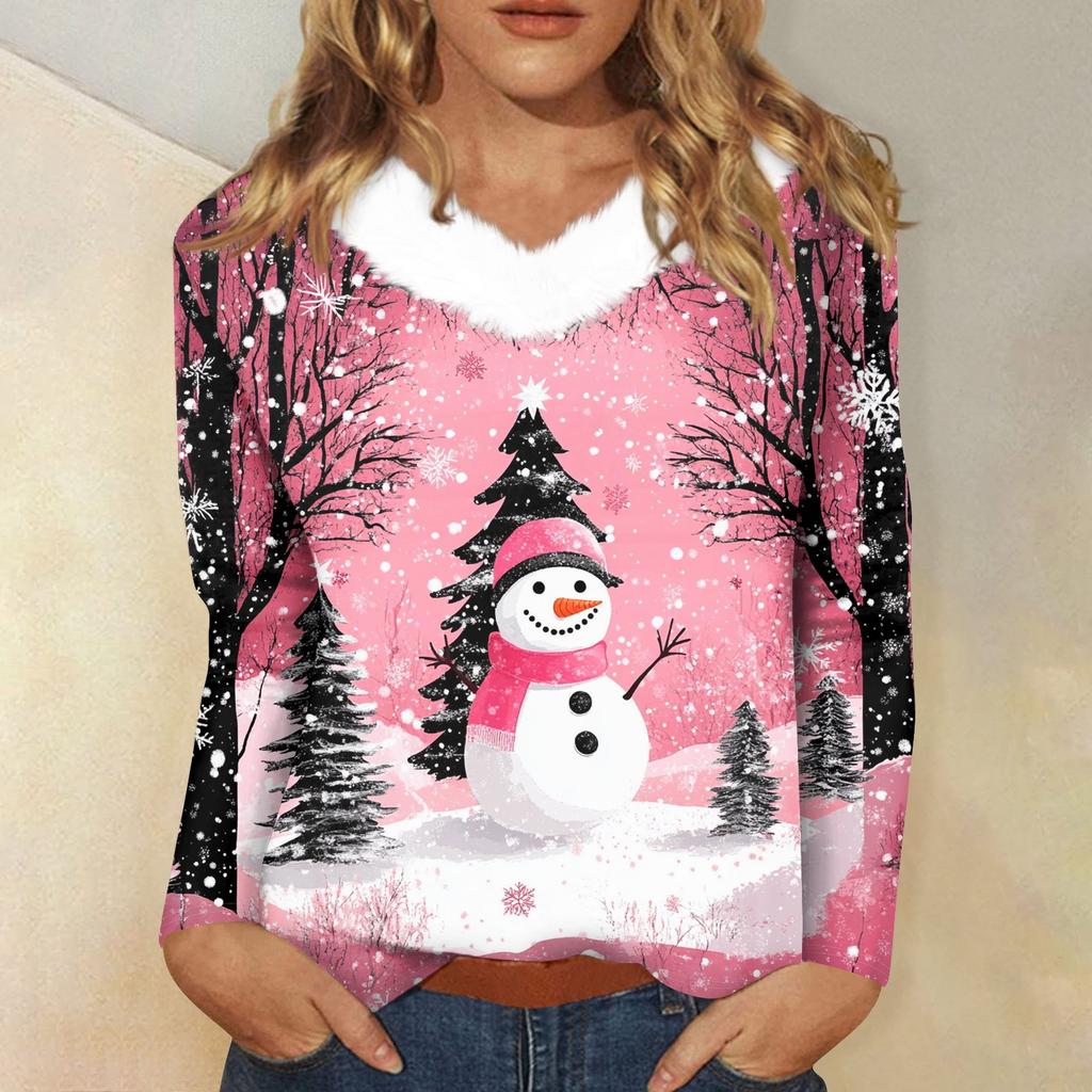 Женская футболка с длинным рукавом, рождественская вечеринка, плюшевый воротник, топ с V-образным вырезом