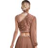Womens Lyrical Dance Top Asymmetrical Sheer Mesh Long Sleeve Shiny Colorful Rhinestone Crop Top