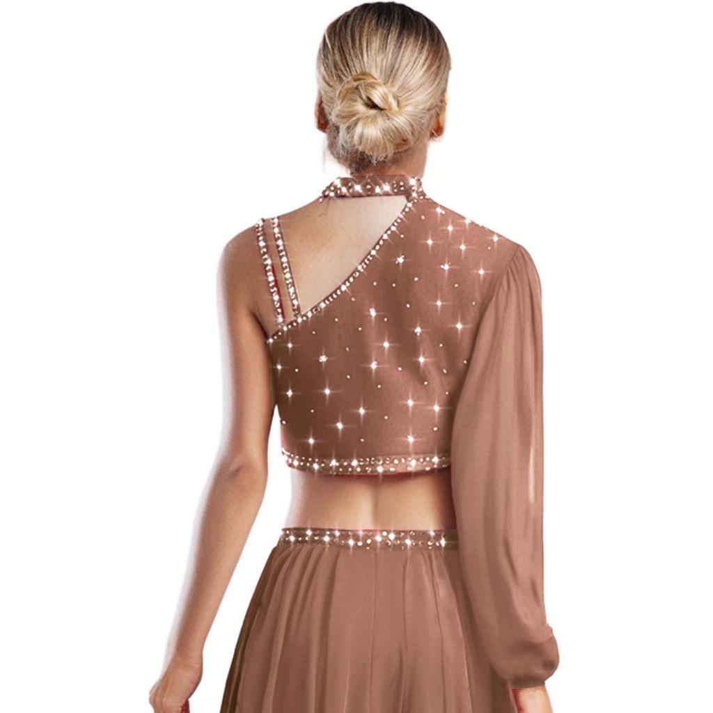 Womens Lyrical Dance Top Asymmetrical Sheer Mesh Long Sleeve Shiny Colorful Rhinestone Crop Top