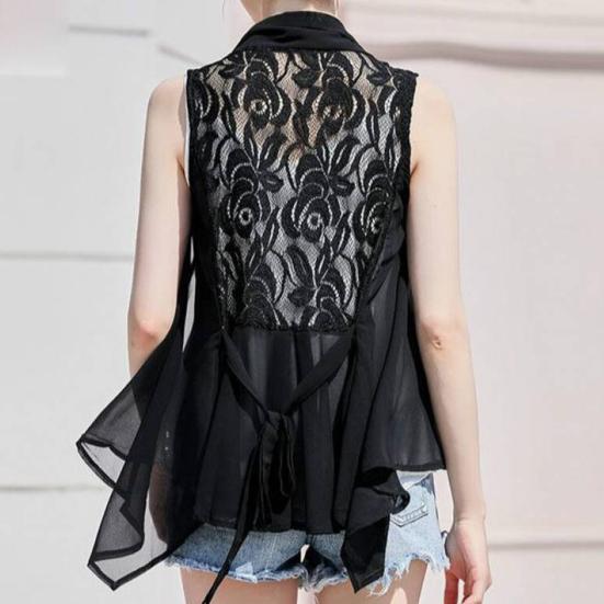 Scarf Collar Sleeveless Irregular Draped Hem Lace-up Vest Jacket Women Back