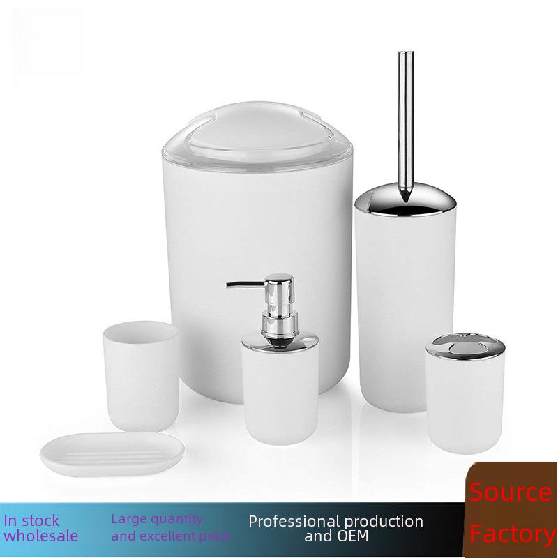 6-Piece Bathroom Set: Trash Can, Toilet Brush, Lotion Bottle, Toothbrush Holder, Soap Dish, and Countertop Decor.