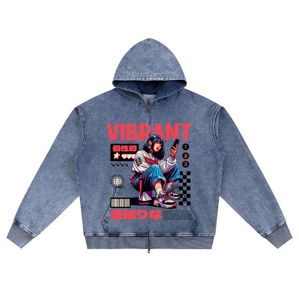 DTG Print Knitted Denim Zip-Up Hoodie VIBRANT Brother Print Zipper Hoodies