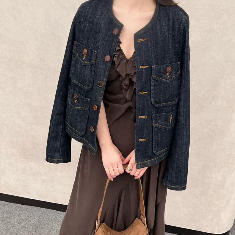 Retro Denim Jacket: Spring 2026 Arrival - Original Color, Round Neck, Patch Pocket, Set-in Shoulder, Mall Style.