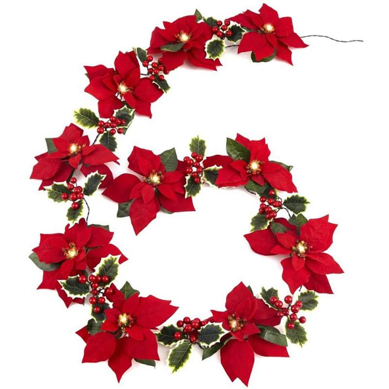 2m 10LED Christmas Poinsettia Flowers Decorations Garland String Lights with Red Berries Leaves Xmas Tree Ornaments