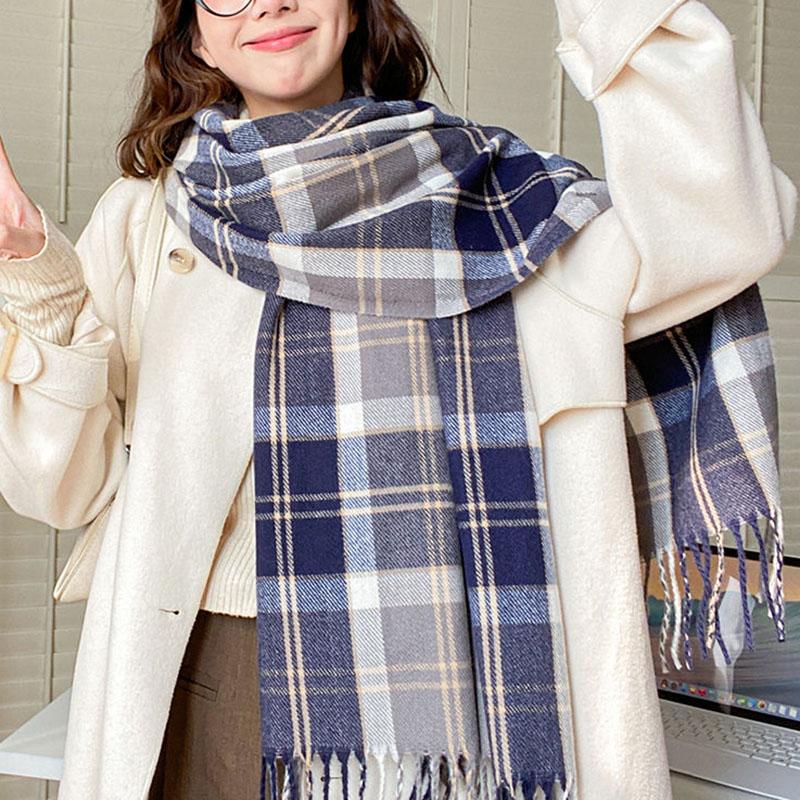 Зимний клетчатый шарф-имитация, шаль, уличный принтованный шарф средней длины, милый шарф-имитация, утолщенная теплая шаль