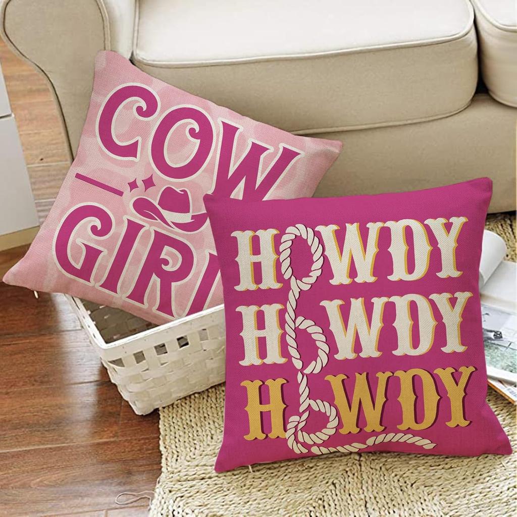 4 Pcs pink Cowboy Girl Decorative Pillow Cover, Hello, Cowboy Girl Cowboy Hat, Western Yee Haw Bow Horseshoe Sofa Decoration