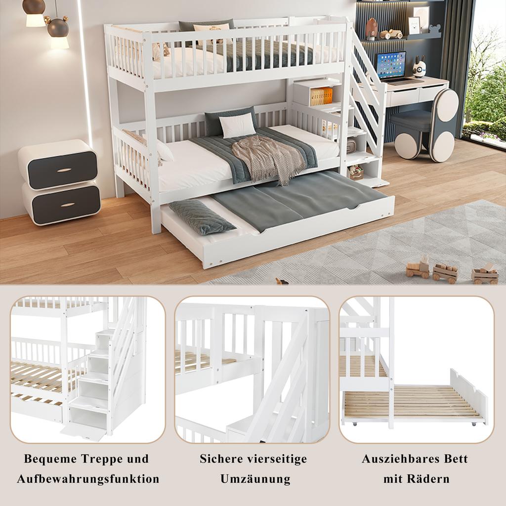 [53133456WAA]Bunk Bed with Trundle Bed, Ladder Cabinet and Handrail, Fall Protection Rail on All Sides, Pine+MDF, White, 90x200/190cm