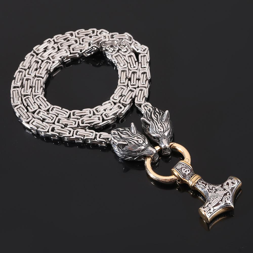Nordic Viking Mythology Thor 'S Hammer Pendant Necklace Silver Emperor Chain Wolf Head Necklace Popular Style