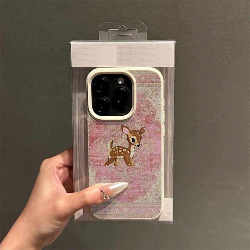 Винтажный этнический цветочный чехол с оленем для iPhone 17 16 15 14 13 12 11 Pro Max Текстура личи Ударопрочный чехол