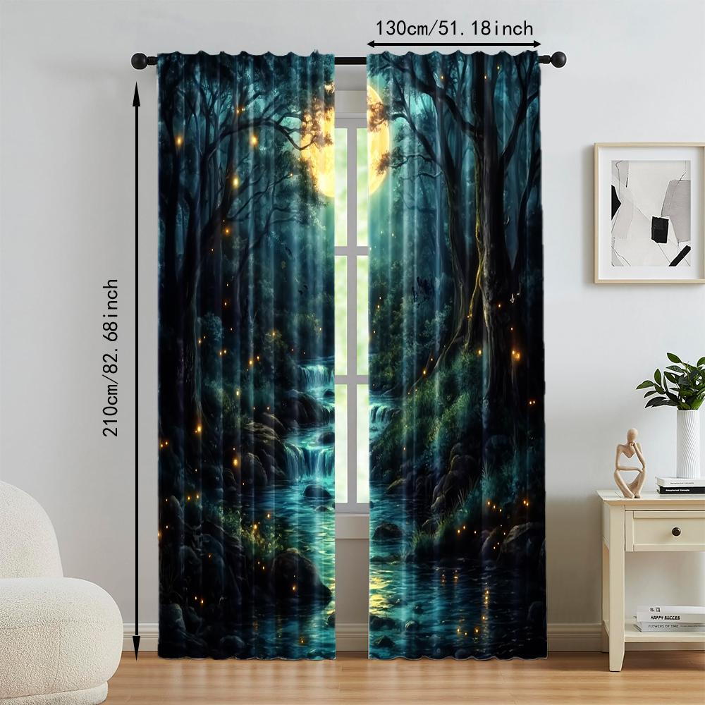 2 шт., универсальные полиэстеровые прозрачные шторы для украшения дома Сцена Лесного Лунного Потока для использования в спальнях и гостиных
