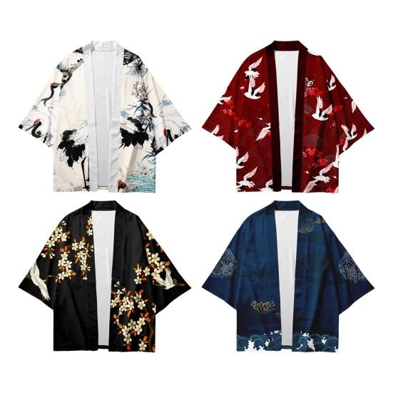 Мужская рубашка в японском стиле, традиционное кимоно с рукавом до четверти и принтом, кардиган с птицей, три свободных тонких средней длины, повседневное верхнее пальто