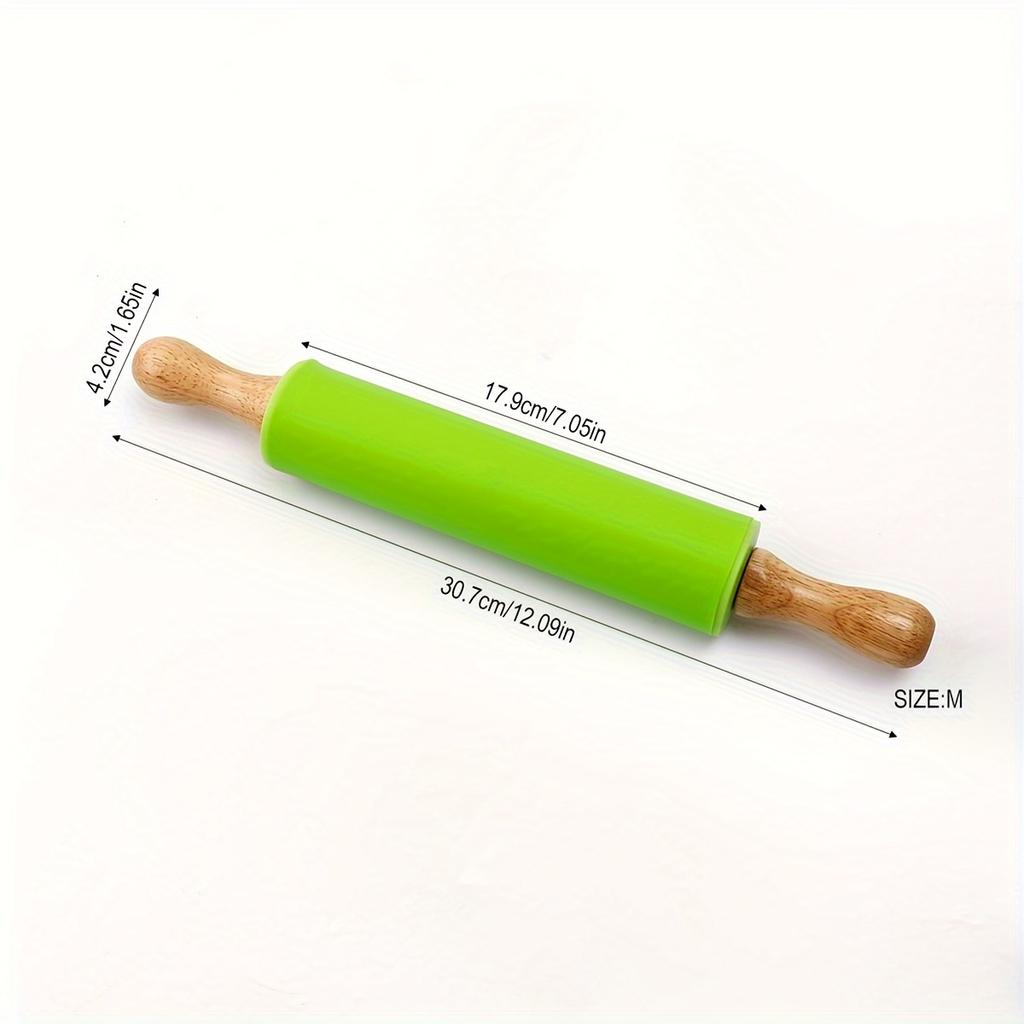 1pcs Silicone Rolling Pin With Solid Wood Handle, Household Rolling Pin, Non-stick Dumpling Flour Kneading Baking Tool Kitchen Tool