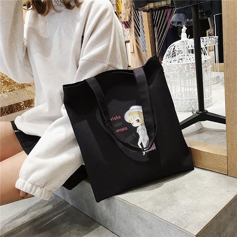 Cartoon Canvas Bag Women's Shoulder New Student Literary Printed Cloth Bag Handbag Simple Large-capacity Shopping Bag