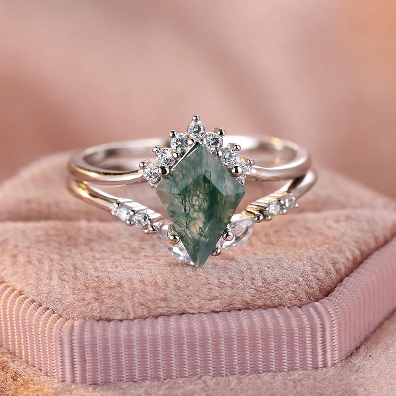 Кольцо из настоящего серебра 925 пробы с зеленым агатом и моховым камнем, геометрический комплект из 2 винтажных колец для женщин, свадебные украшения