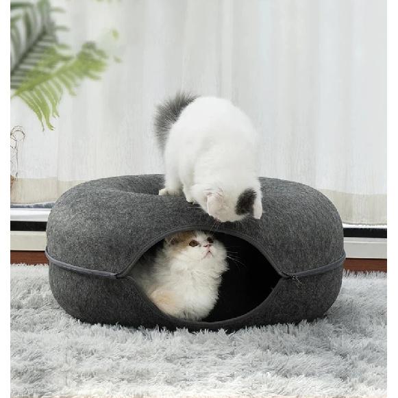 Donut Cat Bed Pet Cat Interactive Game Toy Cat Bed Dual-use Tunnel Bed with Felt Toy Gift for Small Kitten Rabbit