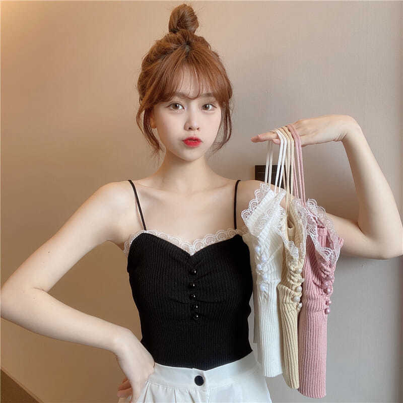 Вязаная майка с кружевными вставками, подтяжки, женская летняя тонкая универсальная верхняя одежда во французском стиле, облегающая однотонная кофточка